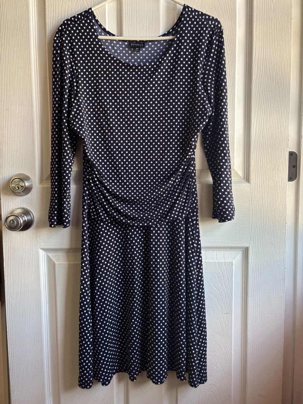 En Focus Navy/White Polka Dot Ruched Knit A-Line Knee Dress 3/4 Sleeve 10P